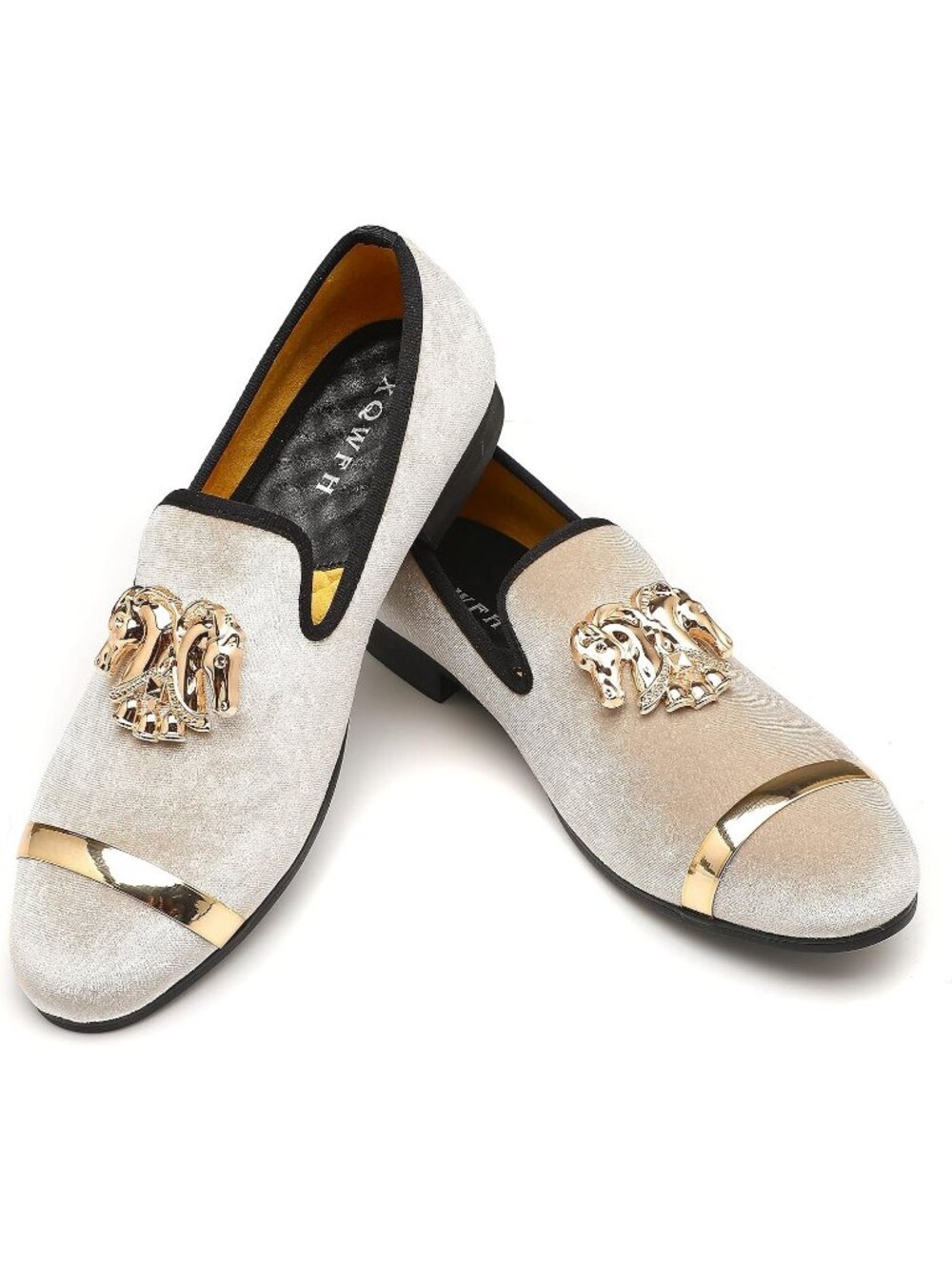 🆕XQWFH Men's Beige Leather Velvet Loafers With Gold Plate Smoking Slip On Shoes